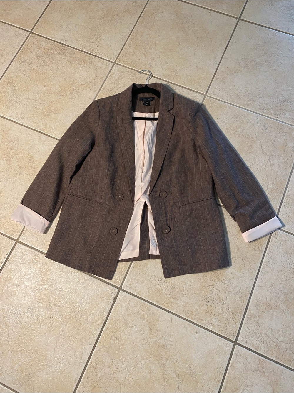 Tahari Linen Brown Pinstripe Women's open Blazer
